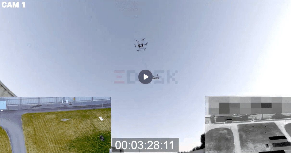 Schreenshot aus dem Video wie eine Drohne eine Leiter nach Karlsruhe fliegt